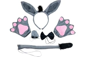 Knowing Animale Orecchie Fascia, 6 Pezzi Asino Costume Set, Con Papillon, Guanti e Coda, per Cosplay di Halloween Costume Performance Festa a Tema Animale Compleanno Puntelli (Grigio)
