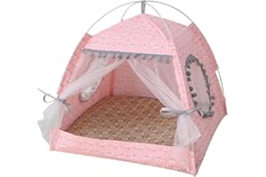 Hemore Cat Princess Tent, Foldable Floral Puppy House with Breathable Mesh Window & Door Curtain, Portable Dog House Cave, Indoor Kitten Bed for Cats Small Dog (Pink, M within 2.5KG)