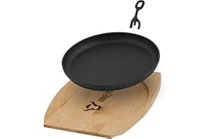‎BBQ-TORO BBQ-Toro Gusseisen Servierpfännchen mit Holzunterlage (1 Stück) | Ø 22 cm - rund | bereits eingebrannt - preseasoned | Grillpfännchen mit abnehmbarem Griff | Gusseisenpfanne, Paella Pfanne