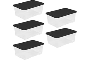 Wham 45 Liter Storage Clear Heavy Duty Plastic Storage Box Boxes With Lids Home Office Stackable Nestable, Set of 5 Large Storage Boxes With Lids 60 x 40 x 25 cm - LIDS ARE CLEAR