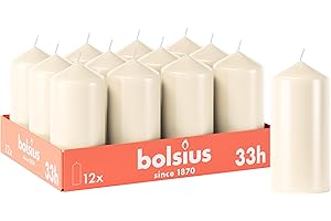 Bolsius - Lot de 12 bougies piliers lisses - Ivoire - 12 x 6 cm - Bougies décoratives pour la maison - Durée de combustion : 33 heures - Non parfumées - Contient de la cire végétale naturelle