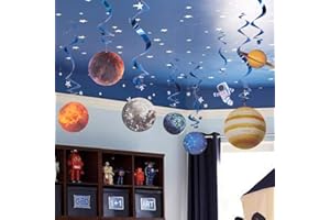 EASY JOY Set of 12 Space Decoration, Planet Decoration & Space Garland for Space Children's Birthday, Solar System Children, 3D Paper Decoration with Spaceship, Garland Party Decoration, Children's