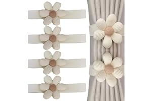 KASESSS 4 Piezas Alzapaños Cortinas, Creativo Sujeta Cortinas, Bonito Abrazaderas Cortinas con Flores, Recoge Cortinas con Elástico para La Decoración de La Ventana del Hotel Home Office Cafés, Beige