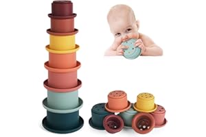 Vicloon Silikonowe kubki do układania w stos dla niemowląt, 7 szt. kubków do układania w stos, wczesna edukacyjna zabawka do gniazdowania dla dzieci w wieku 1-3 lat (niebiesko-zielone)