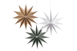 SUNBEAUTY 3 Stück Papier Stern 29cm Grau Original Holzfarbe Weiß Faltsterne Dekoration Zwölf Ecken Papierfächer Party Deko für Hochzeit Geburtstag Tischdeko Classroom Baby Shower Backdrop Garland