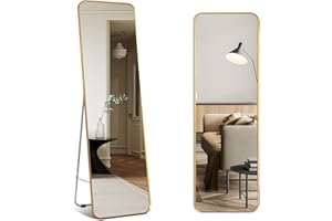 HOMASIS 2 in 1 Standspiegel Wandspiegel Bodenspiegel für Ankleiden, Ganzkörperspiegel mit Rahmen, Garderobenspiegel für Wohnzimmer & Schlafzimmer, 40 x 2 x 130 cm, Messing