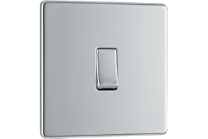 BRITISH GENERAL BG Electrical Single Wall Light Switch, 2 Way, Screwless Front Plate, Slim Profile, Premium Flatplate, Polished Chrome, 20A, 16AX, FPC12