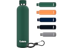 Exllena Insulated Water Bottles 1L with Water Bottle Buckle, Double Wall Stainless Steel Water Bottles 12 Hrs Hot/24 Hrs Cold, BPA Free for Gym, Camping, Hiking (Emerald Green)