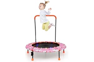 COSTWAY Trampolina dla dzieci o średnicy 92 cm, mini trampolina z oświetleniem LED i zdejmowanym uchwytem, trampolina fitness, trampolina ogrodowa, do użytku wewnątrz i na zewnątrz, dla dzieci w wieku
