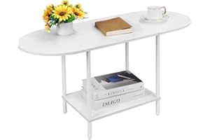 Shinoske Mesa de Centro Ovalada, Mesa de Café de Madera, Mesa Auxiliar Mesa Baja Sofá con Estante para Salon, 90 x 40 x 47cm, Blanco