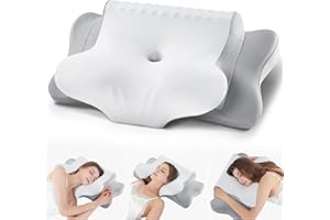FAIORD Oreiller Ergonomique Cervical, Coussin Memoire Forme adapté aux Personnes Dormant sur Le Côté, Le Dos et Le Ventre, Oreiller Cervical avec Taie d'oreiller, 64x39x10/13 cm, Gris Blanc