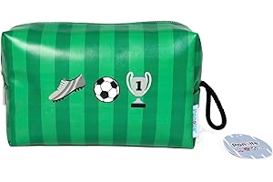 PONETTE - Neceser Vuelta al Cole Infantil de Tejido Rayado en Color Verde, Asa con Cordón, Bota, Balón y Copa de Fútbol, Niño, Niña, Juvenil