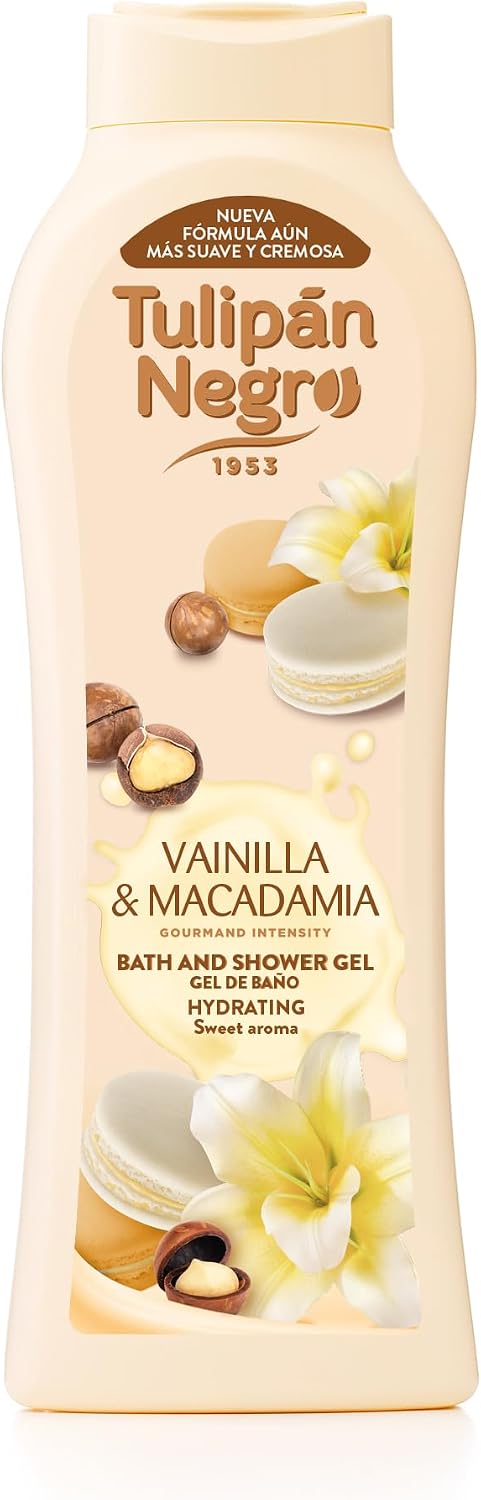 Tulipán Negro - Gel de Baño Vainilla y Macadamia, Nutritivo e Hidratante con Extracto de Vainilla y Aceite Hidrosoluble de Macadamia, Gel de Ducha con Fragancia Dulce y Cremosa, 650 ml
