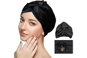 JUKIBOLE Bonnet Satin Cheveux Nuit, Bonnet Soie Cheveux Nuit Doux et Confortable, Silk Bonnets en Soie pour Femme Cheveux Longs ou Bouclés, (Noir)