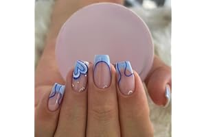 GlamRays 24 sztuki, niebieskie, kwadratowe, francuskie paznokcie, niebieskie, francuskie tip, serce, do przyklejania paznokci, zestaw dla dziewcząt, matek, kobiet, na prezent
