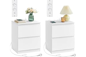 VASAGLE KAILYN Colección - Juego de 2, Mesita de Noche con Regleta de Enchufes, Mesa Auxiliar, 2 Cajones, 2 Tomas AC, 2 Puertos USB-A, Salón, Dormitorio, Blanco Nube LET821W02