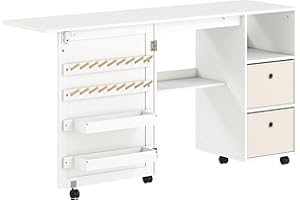 HOMCOM Mesa de Costura Plegable con 6 Ruedas, Mueble para Máquina de Coser con 18 Clavijas para Hilos, 2 Cajones de Tela, 3 Compartimentos, Tomas Corriente Armario de Costura para Estudio Salón Blanco