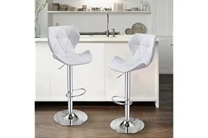 Panana Lot de 2 Tabourets de Bar, Chaises Haut, Hauteur Réglable, Revêtement en PU, Rotatif sur 360°, avec Dossier et Repose-Pieds, Pied Chromé, 49 x 35 x 107-127 cm (Blanc)