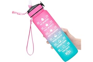 MEITAGIE 1 litre Motivational Sports Water Bottle with Straw & Time Maker,Leakproof with BPA Free Lid,Toxin Free Plastic Drink Bottle Design for Sports Gym Office Running(Pink Green)
