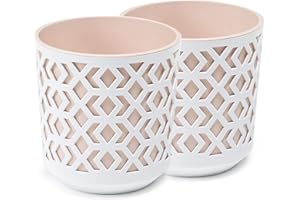 PECZEKO Macetas Mate Macetas Decorativas Hierbas Macetas Redondas de plástico duraderas y Ligeras para salón, Comedor, Cocina, terraza, balcón Juego de 2 Piezas (Blanco/Beige, diámetro 14 cm)