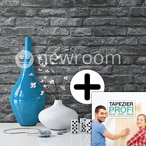 Steintapete in Schwarz | schöne edle Tapete im Steinmauer Design | moderne 3D Optik für Wohnzimmer, Schlafzimmer oder Küche inklusive der Newroom-Tapezier-Profi-Broschüre, mit Tipps für perfekte Wände