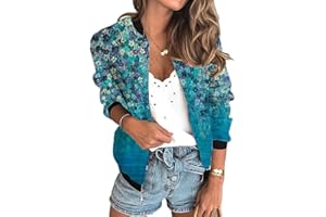Minetom Veste Femme Motard Blouson Printemps Été Léger Bomber Blouson Outwear Zippé Imprimé Floral Court Jacket