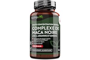 Super Haute Résistance Maca Gélules Fort Dosage 5000 mg avec Ginseng & L-Arginine & Vitamines - 6 mois - 180 Capsules de Maca Root Vegan - Nutravita