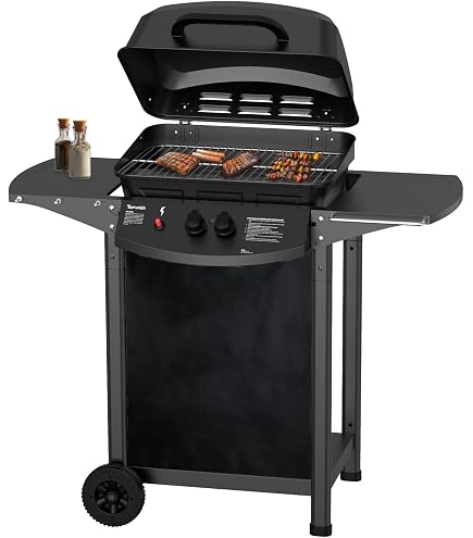 Outdoor Gasgrill-Wagen Mit 2 Brennern & Beistelltischen – Kompakt, Mit Großen Rädern | Für Propan & Butan, 112x44x93,8 Cm