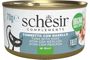Schesir, Filetti di Tonno con Nasello in Gelatina, Cibo Umido Complementare per Gatti, Ricetta Originale, 100% Naturale, 12 lattine da 70g