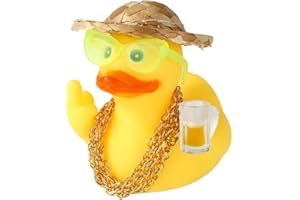 LYREH Pato Goma Coche, Pato Coche Salpicadero Dedo Medio Divertido con Sombrero Paja Collar Dorado Gafas de Sol y Vaso Cerveza para Decorar Salpicaderos Hogar Oficina