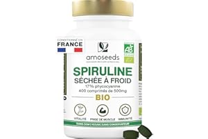Spiruline BIO Extra Forte, 4500mg par jour | Jusqu'à 19% Phycocyanine, Séchée à froid | 400 comprimés vegan de 500mg | Vitamines, Réduit la Fatigue, Immunité | Qualité Supérieure