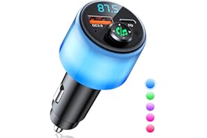 Glangeh Bluetooth 5.3 Car Adapter, [ALL-OVER GLOW] PD 30W+QC 3.0 Dual-Port Fast Charger Car Bluetooth Transmitter, FM Bluetooth Transmitter Car Wireless Radio Hi-Fi MP3 Player, Hands-Free Call Car Kit