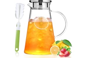 JOYBOY Carafe en Verre,Carafe en Verre avec Couvercle, Carafe Verre 2 litres avec Couvercle, Pichet en Verre Borosilicaté avec Brosse, Pichet à Eau pour thé Glacé, Lait, Jus, Boisson Froide et Chaude