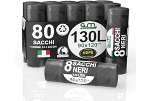 G.M. DISTRIBUZIONE GM 80 Sacchi Neri Grandi Resistenti 90x120 cm Plastica HDPE, 130 litri, Sacchetti indifferenziata, Sacchi spazzatura, Buste Spazzatura, Sacchi condominiali, 10 Rotoli da 8 Buste Immondizia