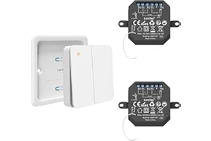 Interruptor de Luz Inalámbrico LoraTap, Mando a Distancia y 2 Receptor de Relé 10A, Interruptor Inalámbrico de Pared a 2 Gang para Lámparas y Electrodomésticos, RF Control Remoto de hasta 200m
