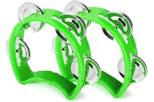 Flexzion Tambourine Hand Bell Percussion Musical Instruments (Green, 2 Pack), Plastic Music Instrument Half Moon Mini D Handheld Shaker, Jingle Bells