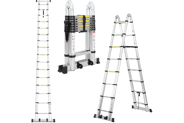Lospitch Échelle télescopique en Aluminium de 5 m (2,5 + 2,5 cm)-avec stabilisateur-Échelle Pliante de qualité supérieure et Pliable en Aluminium-Charge maximale : 150 kg,Argent,5m(2.5+2.5)