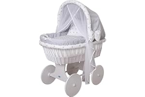 ‎WALDIN Waldin Baby Stubenwagen-Set mit Ausstattung, XXL, Bollerwagen, komplett, 24 Modelle wählbar, Gestell/Räder weiß lackiert, Stoffe grau/Sterne grau