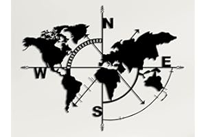DEKADRON Mappa del mondo in metallo, bussola artistica da parete, cartello in metallo, decorazione da parete in metallo, decorazione da parete per casa e ufficio (nero, 98 x 75 cm)