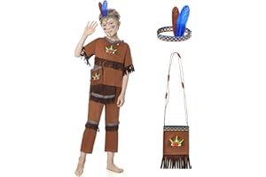 JONRRYIN indiański kostium dziecięcy, kostium indiański z paskami, torba na ramię, indiański kostium dla chłopców, dziewcząt, karnawał, impreza