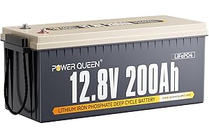 Power Queen 12V 200Ah Batería de Litio,Recargable LiFePO4 con 100A BMS, Grado EV Células,2560Wh Energías,4000+ Ciclos Profundos, para Autocaravana, Fuera de la Red, Barco, Caravana, Energía Solar