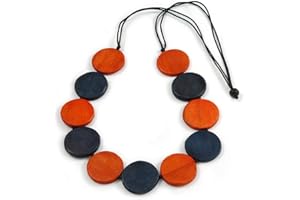Avalaya Burnt Orange/Dark Blue Wood Button Bead Necklace with Black Cotton Cord - 80cm Long Adjustable