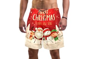 ESLIFEY Man Beach Shorts Christmas Santa Claus Snowman Reindeer and Elf Happy New Year Swim Trunks Elastic Swimsuit Board Shorts for Men