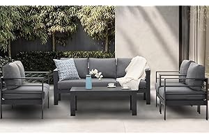 GLP Gartenmöbel Set Aluminium 6-7 Personen, Terassenmöbel Wetterfest mit Sofa, Tisch, Hocker & Kissen, Gartenlounge Set für Innen- und Außenbereich (Grau & Dunkelgrau)
