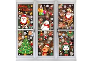 Christmas Window Stickers, AUERVO 9 Sheet 216Pcs Static Merry Christmas Window Clings Sticker Decoration Santa Claus Reindeer Decals for Christmas Party Supplies, 30x20x0.3