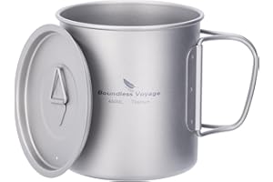 iBasingo Titanium Mug Tea Coffee Water Cup Camping Pot Lightweight Tableware with Lid & Foldable Handle Outdoor Indoor Picnic Daily Portable Drinkware