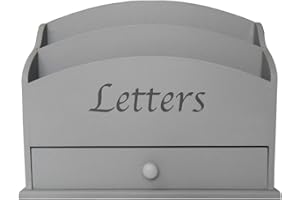 GREYZOUQ Dove grey wooden letter rack/organiser. Smart vintage style. Excellent storage for all your stationary needs: Two roomy compartments. Bottom drawer for extra storage. Letters in retro script.