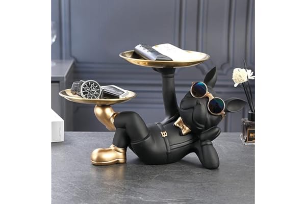 Starnearby Plateau Clé Entrée Statue Bouledogue Vide Poche, Bol Clé Entrée Bulldog Sculpture en Résine, Statue avec Plateaux, Plateau Rangement Clef, Bijoux, Décoration