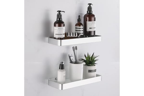 HANFU Duschhylla, ingen borrning, 2-pack, självhäftande badrumshyllor i aluminium med rörliga glas, 30 cm (11,8 tum), duschförvaring, caddie med väggmontering, rostfri organisatör för sovsal, toalett, kök