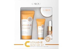 LAIKOU Set Regalo Skincare con Vitamina C 4 Pezzi (Detergente Viso 50g + Crema Occhi 15g + Siero 17ml + Crema Viso 25g) - Idratazione e Luminosità per Giovani Donne